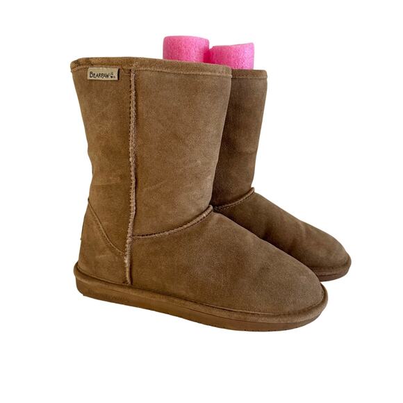 BearPaw Shoes - BearPaw Emma Short Boots Women 8 Brown Suede Sheepskin Wool Lined Pull On Winter